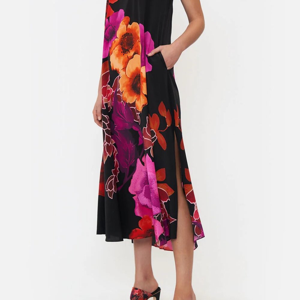 Camilla High Neck Dress w Back Neck Tie Midnight Poppy NWT sz M